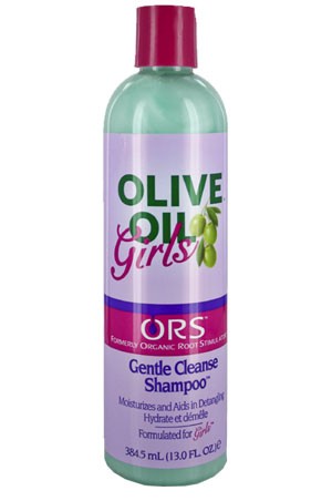 A bottle of ORGANIC ROOT STIMULATOR OLIVE OIL GIRLS Gentle Cleanse Shampoo, 13oz size, with green and purple label.